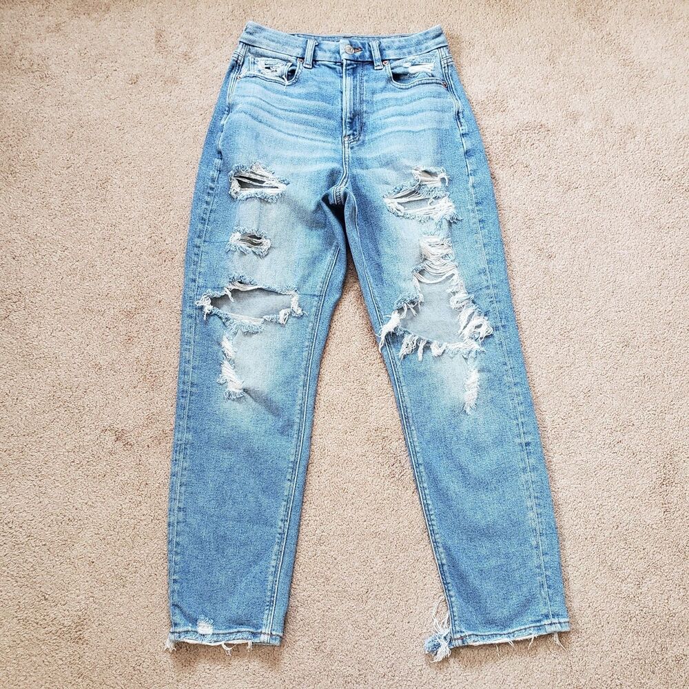 American Eagle Ripped Curvy Mom Jeans Heavy Distressed Size 4 Reg Hi-Rise